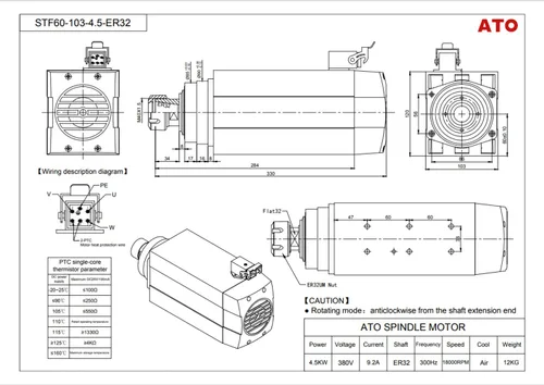 Miniatura 5 de Motor de husillo CNC ATO 3 fases 220V/380V refrigerado por aire Motor de husillo CNC, 4.5 kW, 18000rpm 400Hz motor de husillo, para máquina