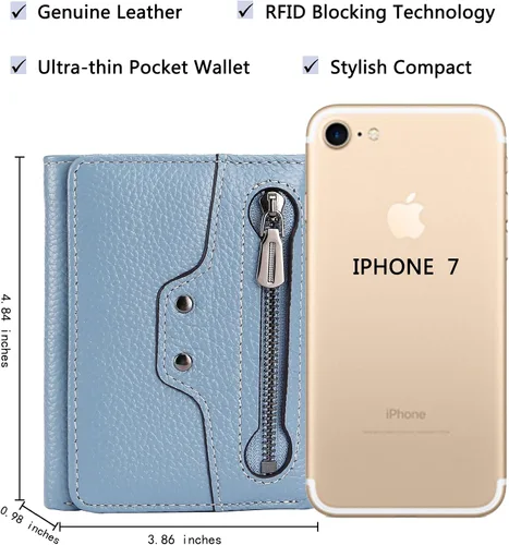 Miniatura 4 de AINIMOER Cartera pequeña de piel para mujer, delgada, compacta, con bloqueo RFID, con bolsillo para monedas, Bloqueo Rfid de Lichee Gray Blue