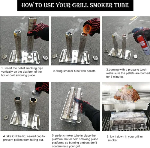 Miniatura 4 de Paquete de 2 tubos de ahumador de pellets de 12 pulgadas, tubo de humo para ahumador de pellets con una bandeja de acero inoxidable, 5 horas de humo