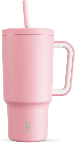 Miniatura 50 de Meoky - Vaso de 30 oz con asa, tapa y pajilla, taza de viaje térmica de acero inoxidable 100% a prueba de fugas, para portavasos, mantiene el frío