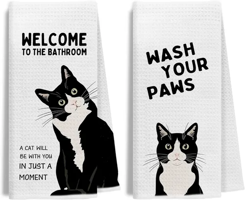 Miniatura 11 de Divertidas toallas de mano de baño con esmoquin rosa, decoración de baño para gato, toallas de mano de gatito blanco y negro para baño, 16 x 24