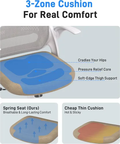 Miniatura 6 de Silla de oficina ergonómica de malla para oficina en casa, brazos abatibles, respaldo de malla transpirable y cojín de asiento grueso, silla de Beige