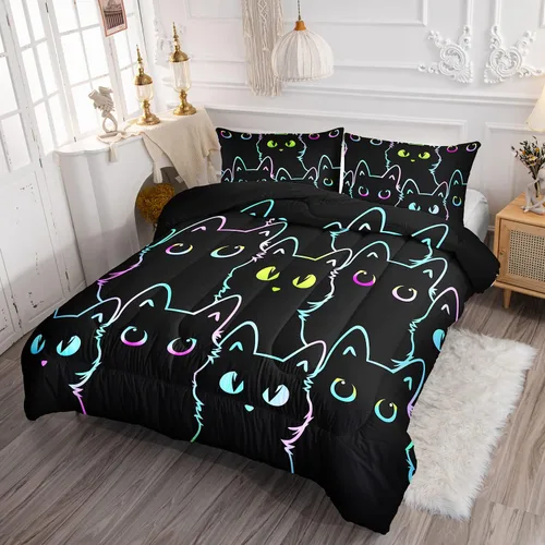 Miniatura 2 de Axolotl - Juego de ropa de cama para niños con diseño de gatos de dibujos animados tamaño individual, juego de edredón con líneas degradadas y lindo