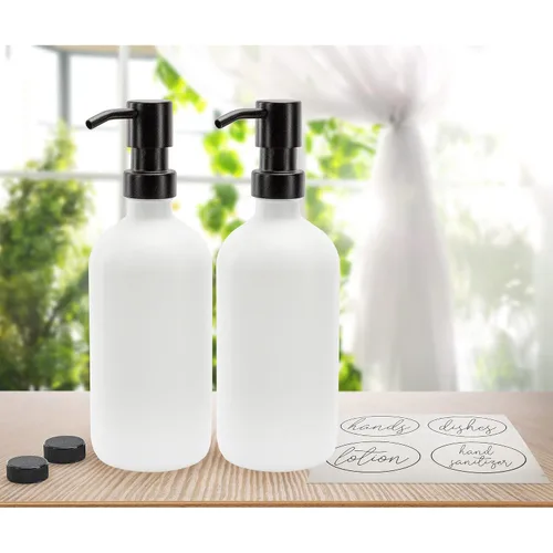 Miniatura 9 de Darware Botellas de bomba de vidrio de 16 onzas (juego de 2, blanco con negro); botellas dispensadoras de jabón con tapas de bomba de metal cepillado