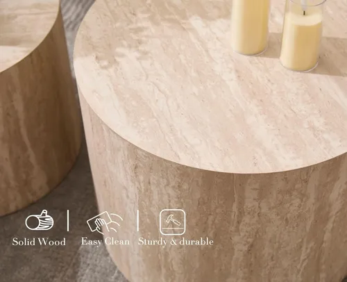 Miniatura 4 de CIMOTA Juego de 2 mesas auxiliares redondas de madera, modernas mesas auxiliares circulares de travertino para sala de estar, color madera clara/sin
