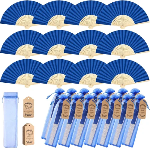 Miniatura 7 de Roowest Paquete de 50 abanicos plegables de papel hechos a mano con bolsas de regalo, tarjeta de agradecimiento, ventilador plegable de mano de Beige