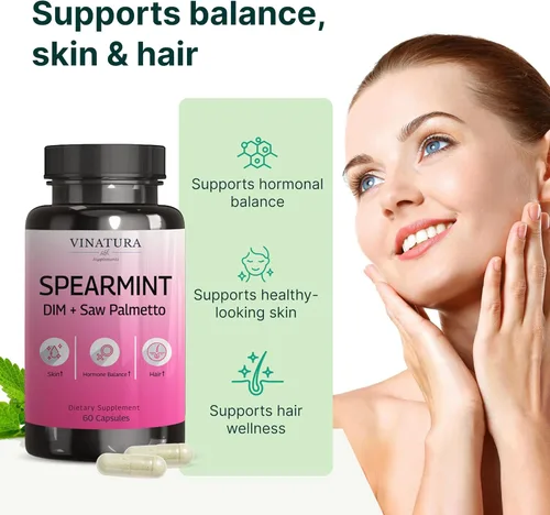 Miniatura 3 de VINATURA Spearmint Cápsulas Suplemento – Extracto de hoja de menta verde mejorado con DIM y Saw Palmetto, para cabello no deseado, salud y piel