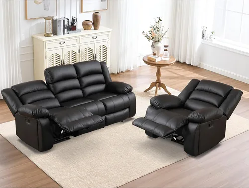 Miniatura 5 de EBELLO Juego de sofá reclinable manual de piel sintética, sofá reclinable de 3 asientos, juego de muebles de sofá para sala de estar, color negro