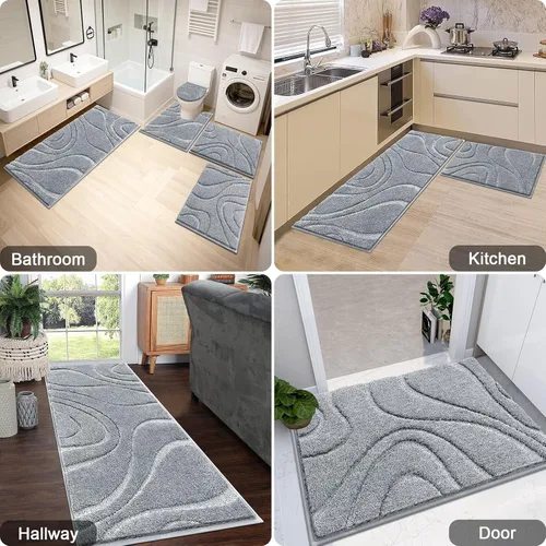 Miniatura 8 de Juego de alfombras de baño HEBE de 5 piezas, tapete de baño de microfibra suave y absorbente para el baño, juego de alfombras de baño antideslizante