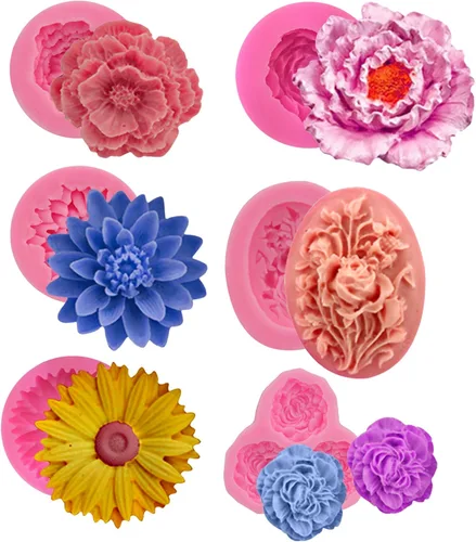 Paquete de 6 moldes de flores: moldes de resina de peonía, rosa, girasol para hacer velas, decoración del hogar, moldes de silicona 3D de animales