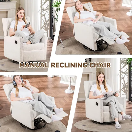 Miniatura 5 de COMHOMA Mecedora para Cuarto de Bebé Teddy Tapizada Mecedora Giratoria Reclinable Manual Deslizante Silla Reclinable para Sala de Estar Dormitorio