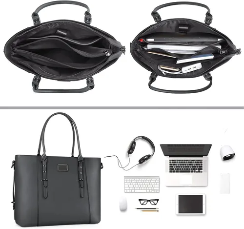 Miniatura 3 de MOSISO Bolso de mano de piel sintética para laptop para mujer (17-17.3 pulgadas), impermeable de gran capacidad, maletín de trabajo de negocios, Gris