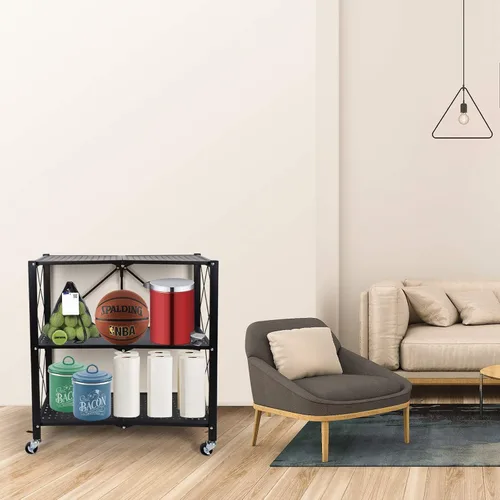 Miniatura 2 de HealSmart Estantería de metal plegable de 3 niveles con ruedas, estantes organizadores para garaje y cocina con capacidad de hasta 750 libras