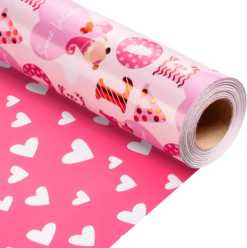 Miniatura 16 de Homeral Rollo de papel de regalo de estraza en relieve, papel de regalo de lujo en 3D con corazón de papel de aluminio rojo para el día de San