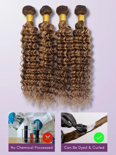 Miniatura 6 de P4/27 Cabello Humano Solitario de Onda Profunda con Reflejos Rubios Miel, 12A 100% Tejido Brasileño Virgen Ondulado Grueso con Mechas Ombre Marrón