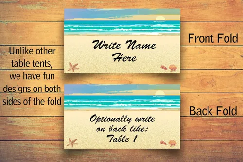 Miniatura 3 de Tarjetas de lugar con nombre de playa, 25 tarjetas de identificación para asientos de invitados, tiendas de campaña de playa y mesa tropical