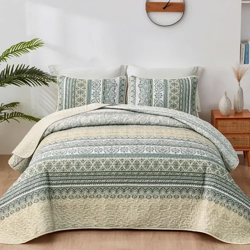 Miniatura 20 de WONGS BEDDING Juego de Colcha Morada Tamaño King, Juego de Colchas Bohemias a Rayas de 3 Piezas, Colcha Ligera de Microfibra para Todas las Púrpura