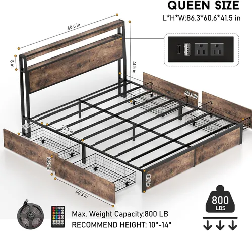 Base de cama tamaño Queen con 4 cajones de almacenamiento y cabecero con estación de carga y luces LED, 2 niveles de almacenamiento de cabecera de
