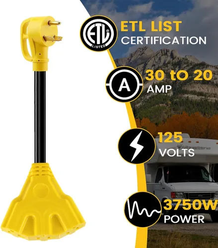 Miniatura 7 de Adaptador de 30 amperios a 20Amp 110V – Enchufe de distribución RV de 1.5 pies NEMA TT-30P macho a 3X 5-15/20R hembra RV cable adaptador