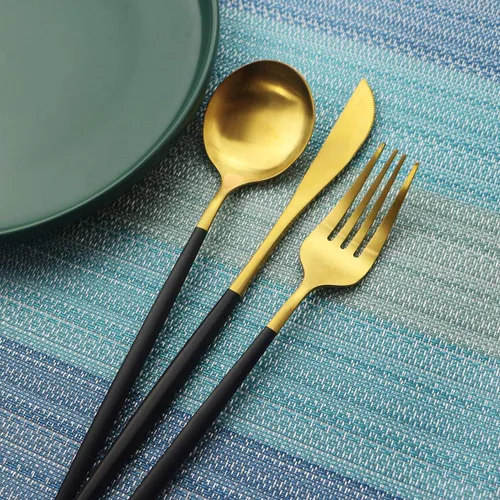 Miniatura 5 de Juego de cubiertos de 5 piezas, Uniturcky, de acero inoxidable negro y dorado, utensilios para comer con cuchillo, tenedor, cuchara para el hogar