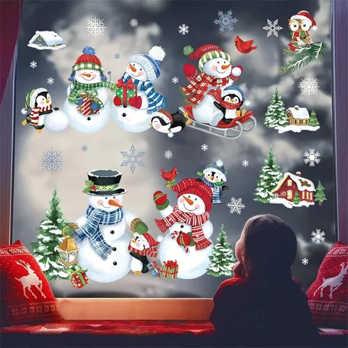 Miniatura 2 de decalmile Calcomanías reutilizables de Navidad para ventana, diseño de muñeco de nieve, pingüino, árbol de Navidad, copos de nieve, espejo de vidrio