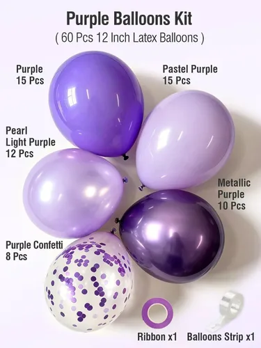 Miniatura 3 de Globos morados, 60 globos de látex de color morado claro y perla metálica, globos de confeti para cumpleaños, baby shower, despedida de soltera