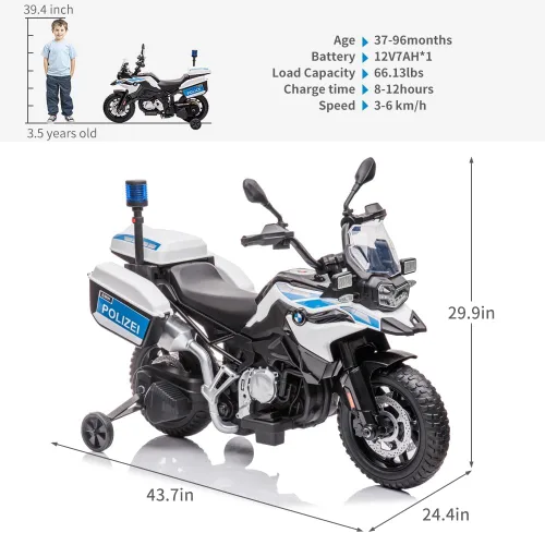 Miniatura 6 de Motocicleta de policía de 12 V, 7 Ah, con licencia BMW con 2 velocidades, faros LED, suspensión de resorte, MP3, música y 2 ruedas de entrenamiento