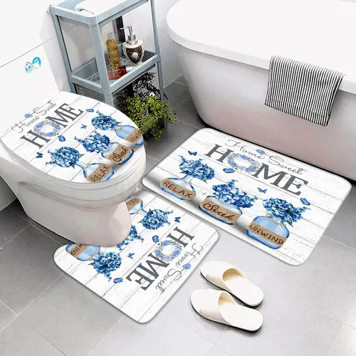 Miniatura 4 de ALEXEX Juego de 4 cortinas de ducha de hortensias azules, juego de baño Home Sweet con cortina de ducha y alfombras y accesorios, cortina de ducha