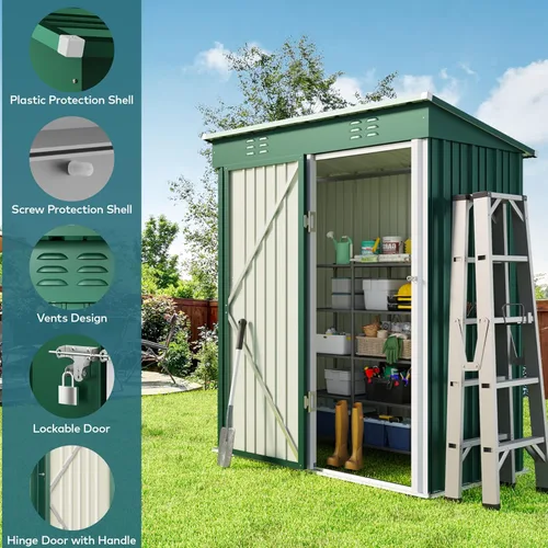 Miniatura 4 de Gizoon Cobertizo de almacenamiento al aire libre de 5 x 3 pies con puerta única con cerradura, cobertizo de metal galvanizado con ventilación