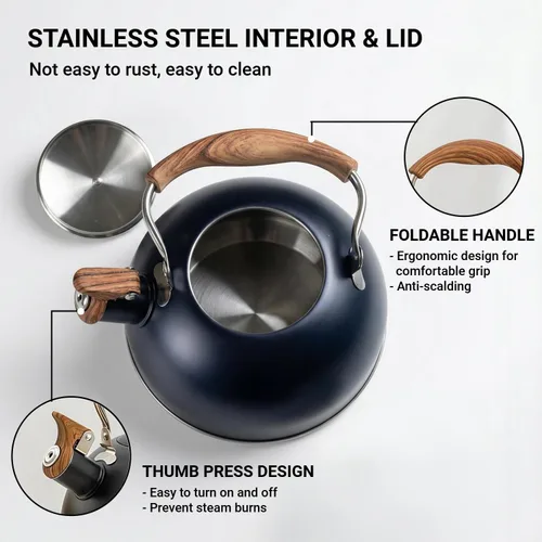 Miniatura 4 de Tetera para estufa, hervidor de té silbante de 2.5 cuartos de galón, estufa de acero inoxidable de grado alimenticio con mango plegable de madera