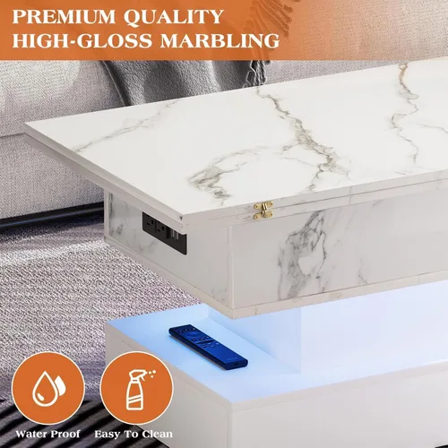 Miniatura 6 de SYESWAY - Mesa de centro con tapa elevable de 39.4 pulgadas con estación de carga, mesa central con diseño de mármol brillante con compartimento