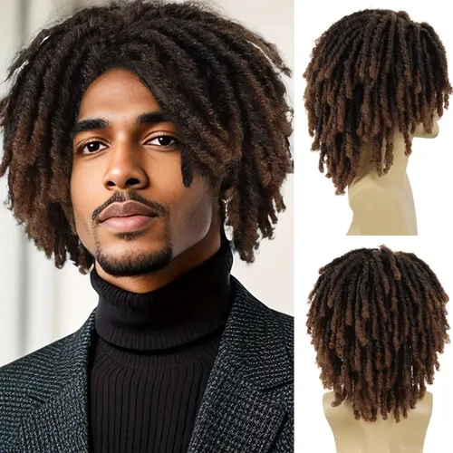 Miniatura 9 de GNIMEGIL Peluca de rastas cortas de 14 pulgadas para hombre, estilo afro bob, ombré, color marrón claro, cabello trenzado de ganchillo, pelucas