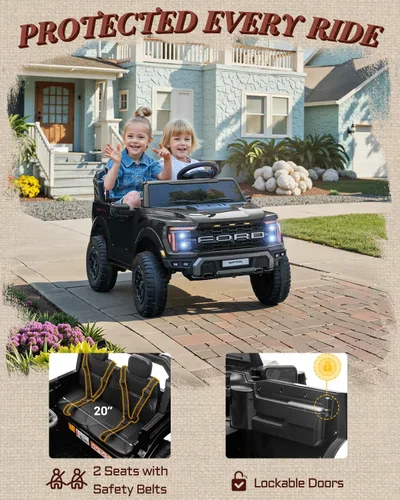 Miniatura 5 de First Ride On Juguetes de paseo de 24V para niños grandes, Ford F-150 Raptor con licencia de 2 asientos, auto de paseo para niños con control Negro