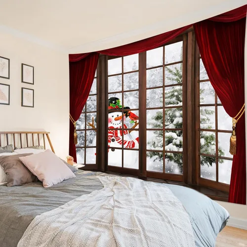 Miniatura 35 de HVEST Tapiz navideño de invierno para colgar en la pared, muñeco de nieve divertido con sombrero azul y tapices de regalo de Navidad, tapiz de pino