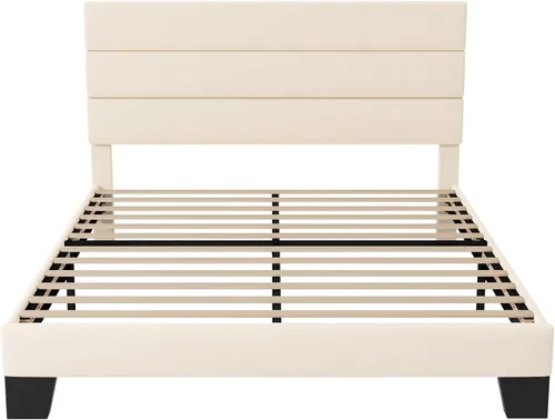 Miniatura 8 de Allewie Base de cama de plataforma tamaño Queen con cabecera tapizada de terciopelo y soporte de listones de madera, base de colchón totalmente Crema