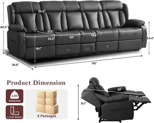 Miniatura 3 de Sofá biplaza reclinable manual de 110 pulgadas, sillón reclinable de 4 asientos con consola, mesa plegable y salidas integradas, sofá reclinable