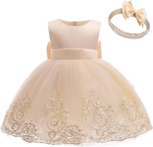 CMMCHAAH - Vestidos de fiesta y concurso, con encaje y bordado, con lazo, tutú y diadema, para bebés y niñas, tallas 0-6T