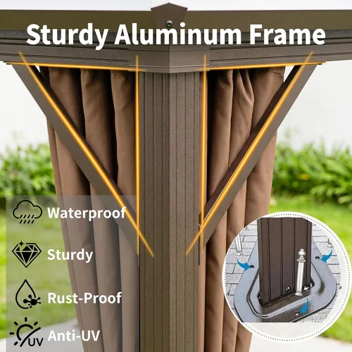 Miniatura 9 de Glorieta de Techo Duro de 10'x10' para Exteriores, Glorieta de Patio de Aluminio con Doble Techo, Toldo de Acero Galvanizado con Malla y Cortinas