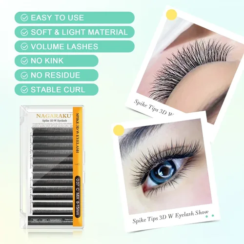 Miniatura 84 de NAGARAKU Extensiones de pestañas falsas en forma de W de 4D, suaves y naturales, con volumen, rizado D, 0.07mm, mezcla de 8-15mm, abanico 0.07-D 4D W