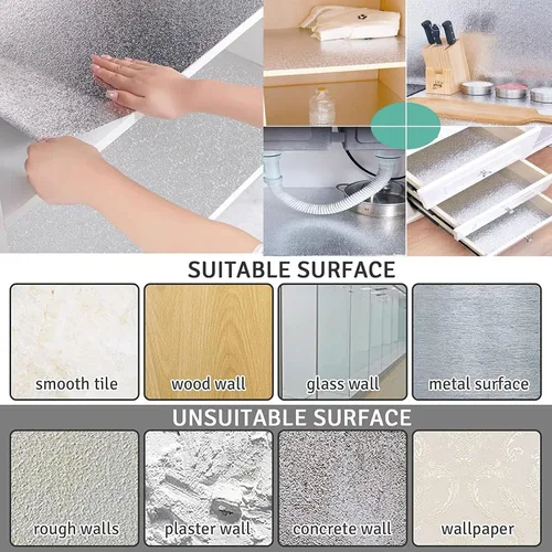 Miniatura 5 de Papel tapiz para cocina, adhesivo a prueba de aceite, salpicaduras, hoja de aluminio autoadhesiva, papel plateado, forro para gabinete, forro