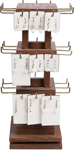 Miniatura 4 de Ikee Design Torre de joyería giratoria de madera natural con 36 ganchos soporte giratorio para almacenamiento de tarjetas para tienda escaparate