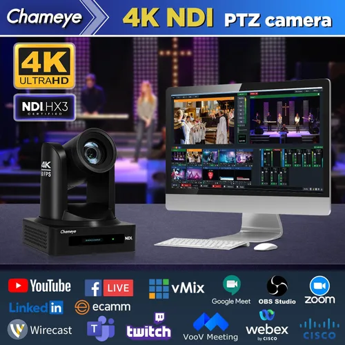 Miniatura 7 de Chameye Cámara PTZ NDI 4K 60FPS NDI, cámara de transmisión en vivo con seguimiento automático AI, compatible con salida 4K 60fps NDI HX3, zoom Negro