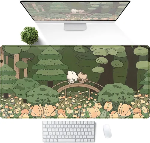 Miniatura 2 de Tapete de escritorio de bosque anime, lindo tapete de mouse verde, tapete de escritorio completo Kawaii estético XXL para juegos Mousemat XL