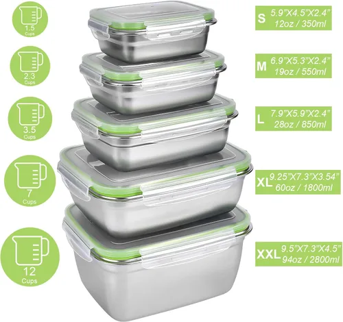 Miniatura 2 de UPTRUST Recipientes de acero inoxidable para almacenamiento de alimentos, tapas herméticas y a prueba de fugas, juego de 5 recipientes, aptos