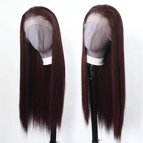 Miniatura 5 de 99J Peluca larga y lisa 99J color borgoña sintética con encaje frontal, predesfilada con línea de cabello natural para mujeres de moda, cabello