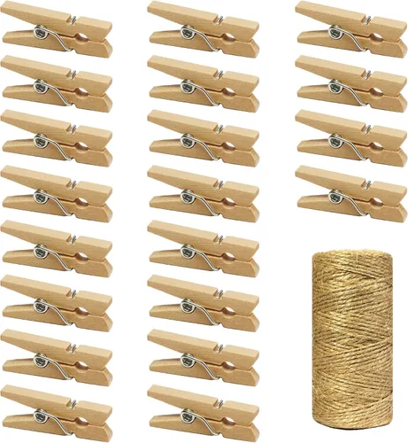 Mini pinzas de madera con cordel de yute, 250 piezas, pinzas de papel fotográfico de 1 pulgada con cordel natural de 66 pies para álbumes de