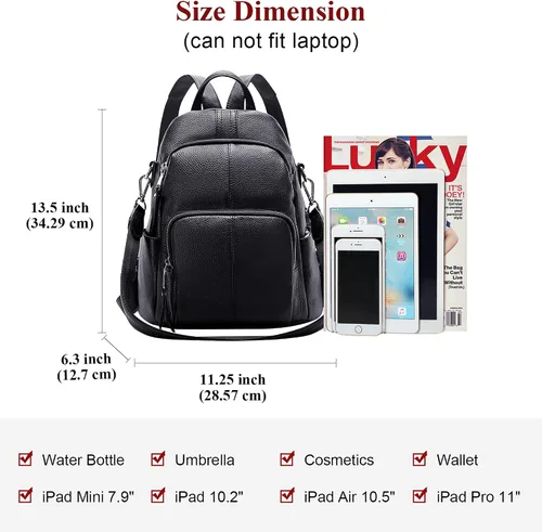 Miniatura 5 de ALTOSY Mochila de cuero suave para mujer, mochila versátil, Negro