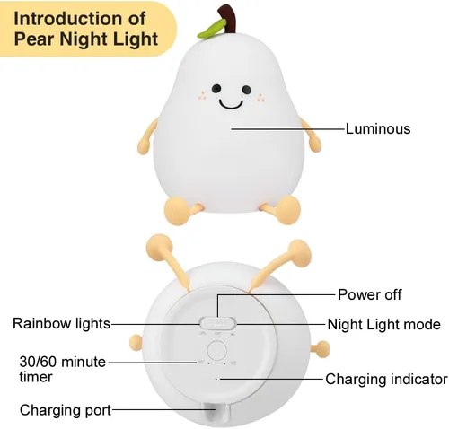 Miniatura 7 de Luz nocturna de pera para niños, lámpara de silicona recargable por USB de 1200 mAh, control táctil blanco cálido y 7 colores, 3 niveles de brillo