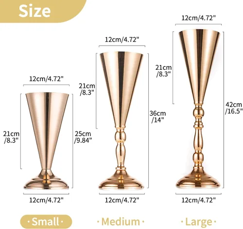 Miniatura 5 de 2 piezas de jarrón de metal para mesa de boda con flores en forma de trompeta, centro de mesa decorativo de 9.8 pulgadas, arreglos de flores