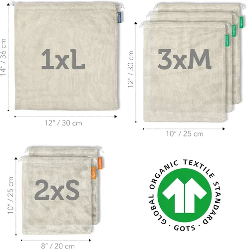 Miniatura 2 de 6 bolsas reutilizables para productos alimenticios lavables Bolsas de malla de algodón orgánico para productos Doble costura y peso de tara